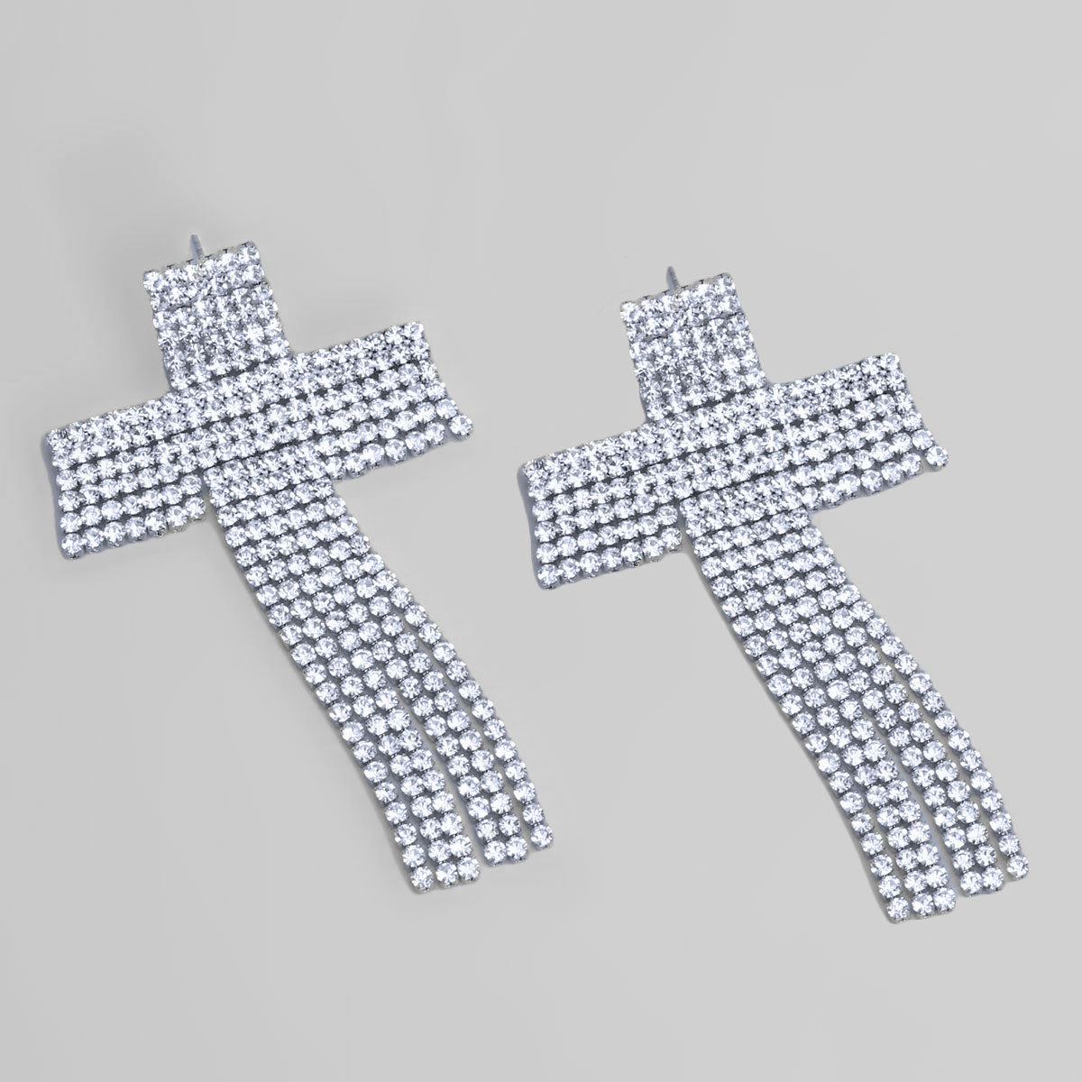 Silver Rhinestone Fringe Cross Post Earrings