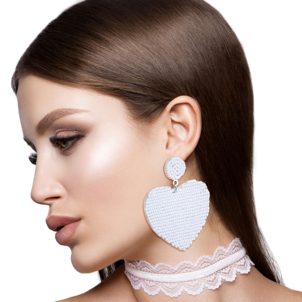 White Sead Bead Heart Earrings