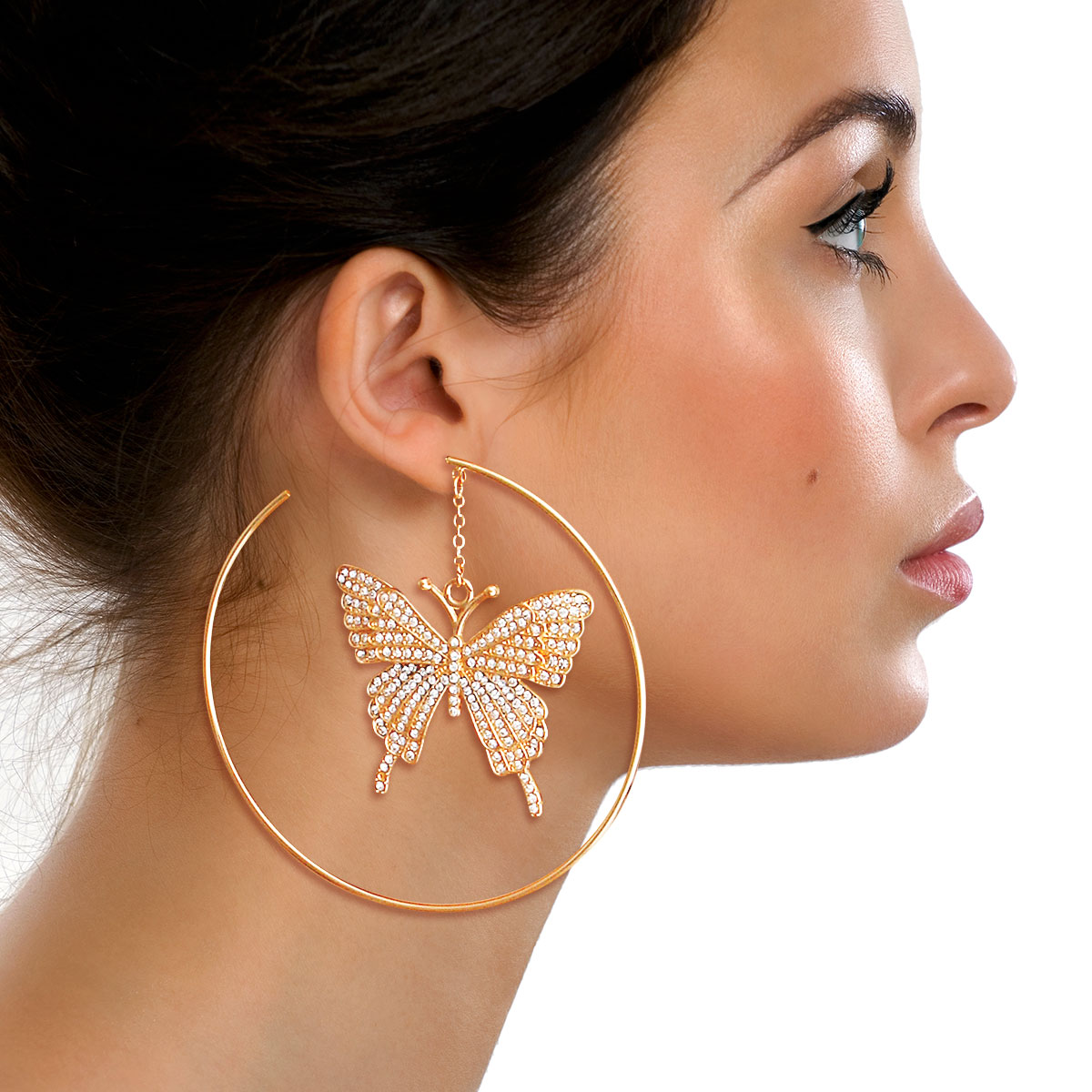 Gold Dangle Butterfly Hoops