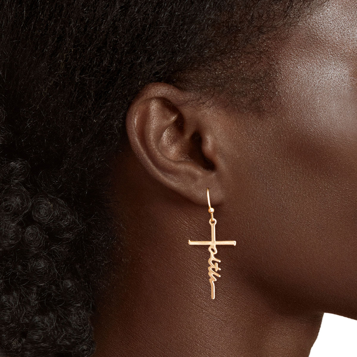 Gold Faith Script Cross Earrings