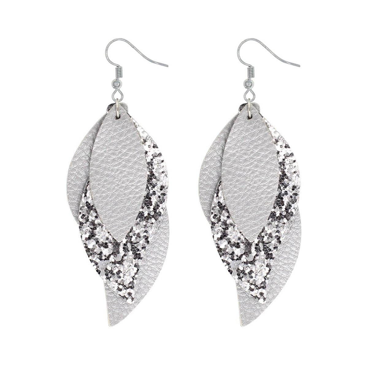 Silver Leather Glitter Leaf Earrings