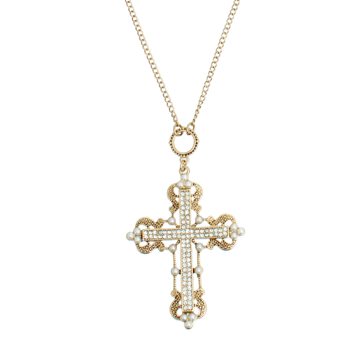 Burnished Gold Engraved Pearl Cross Necklace