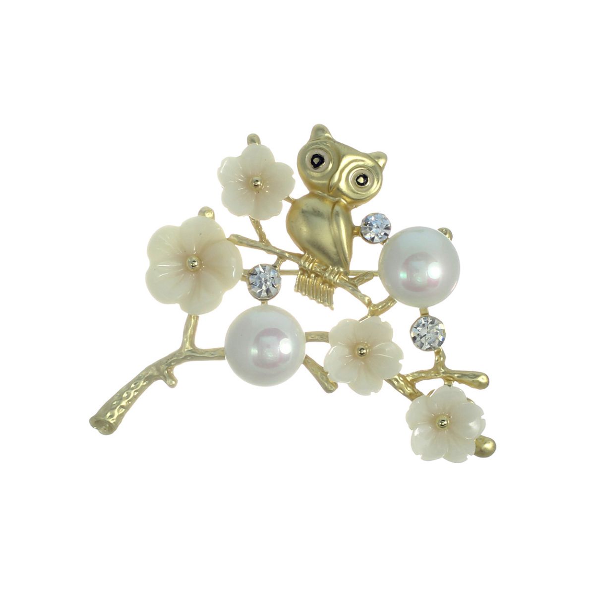 Owl and Flower Pearl Brooch