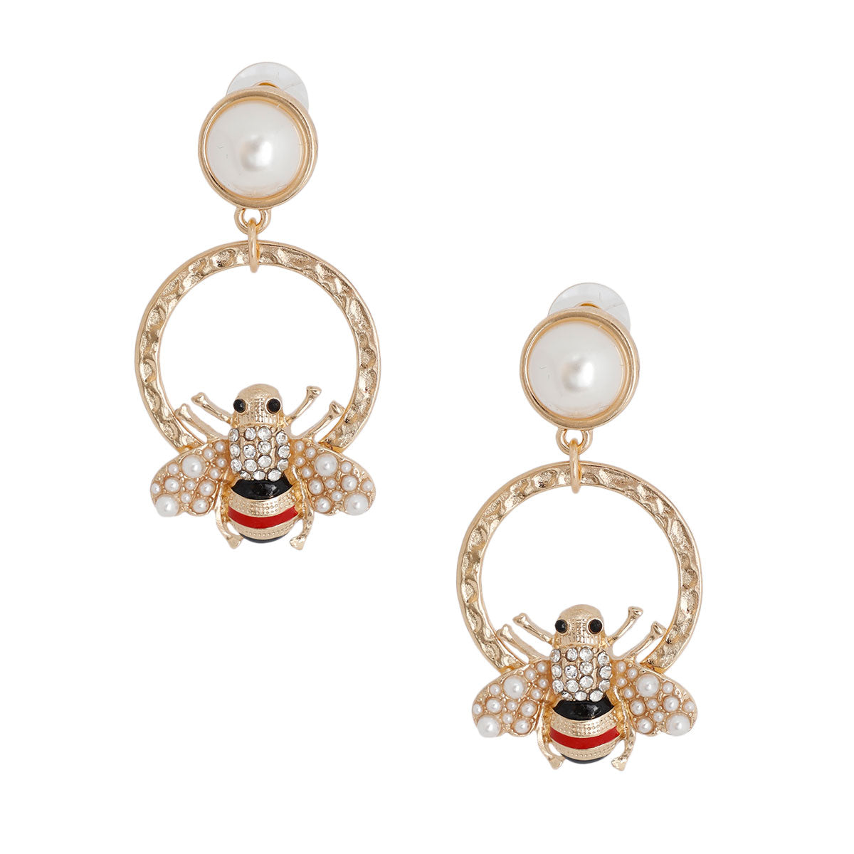 Pearl and Gold Bee Circle Earrings