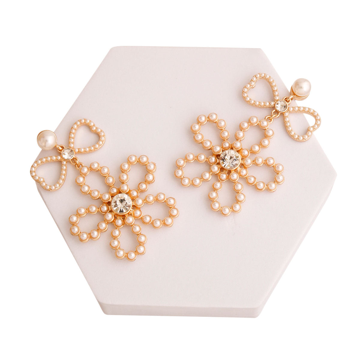 Gold and Pearl Bow Flower Earrings