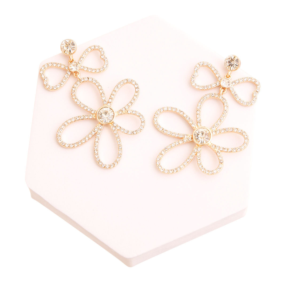 Gold and Rhinestone Bow Flower Earrings