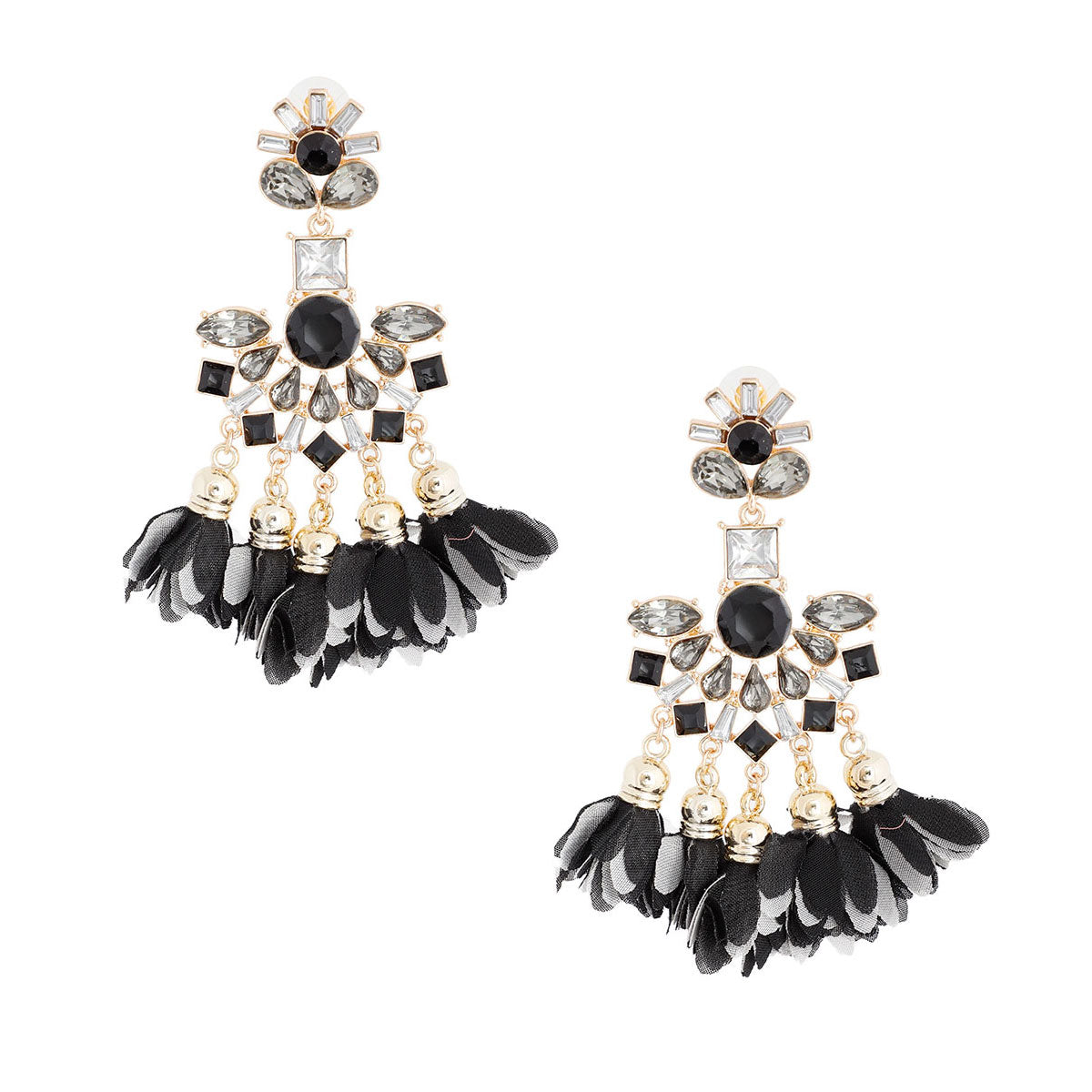 Black Crystal Flower Tassel Earrings
