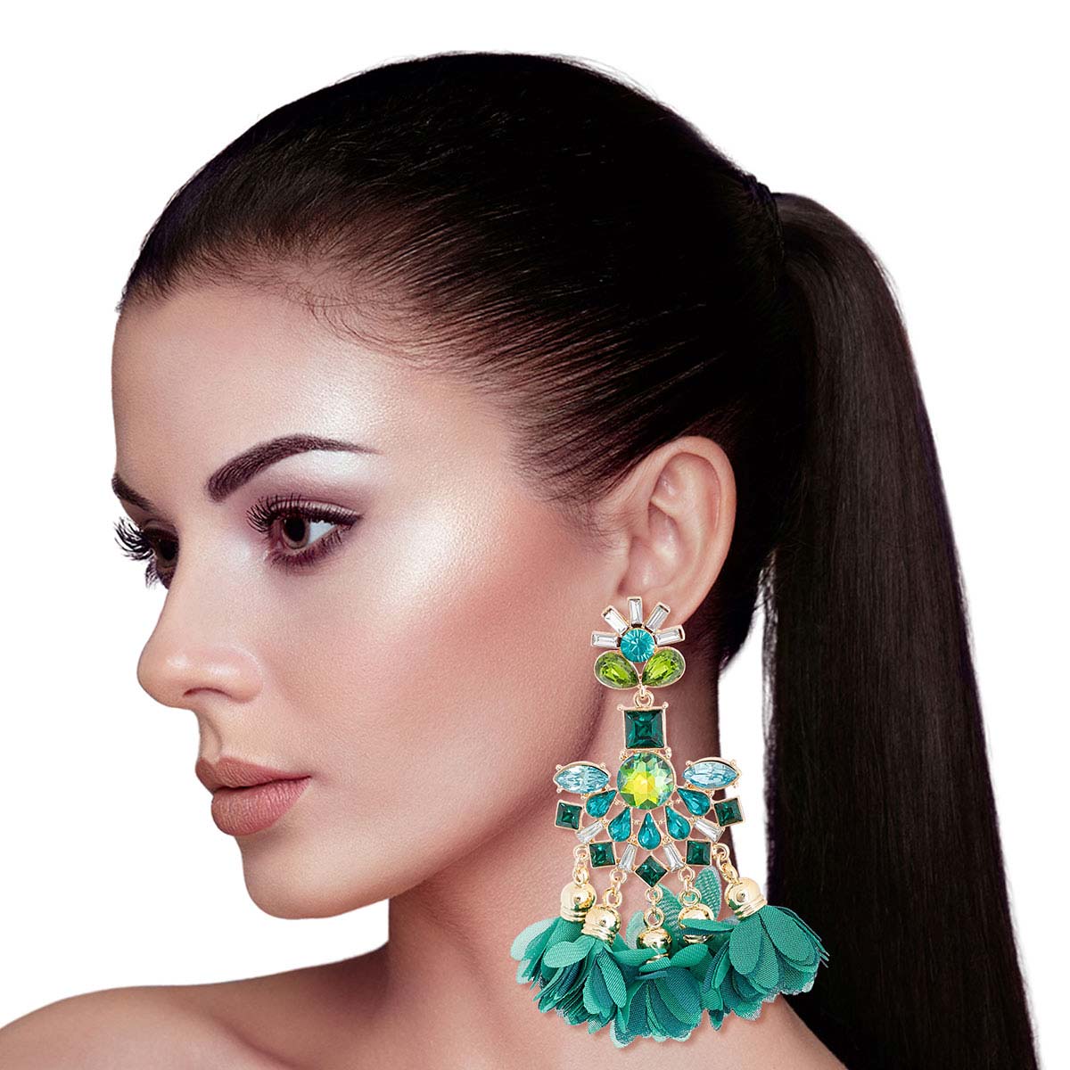 Green Crystal Flower Tassel Earrings