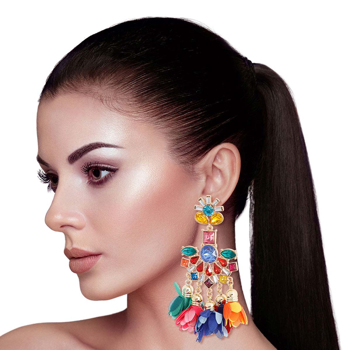 Multi Color Crystal Flower Tassel Earrings