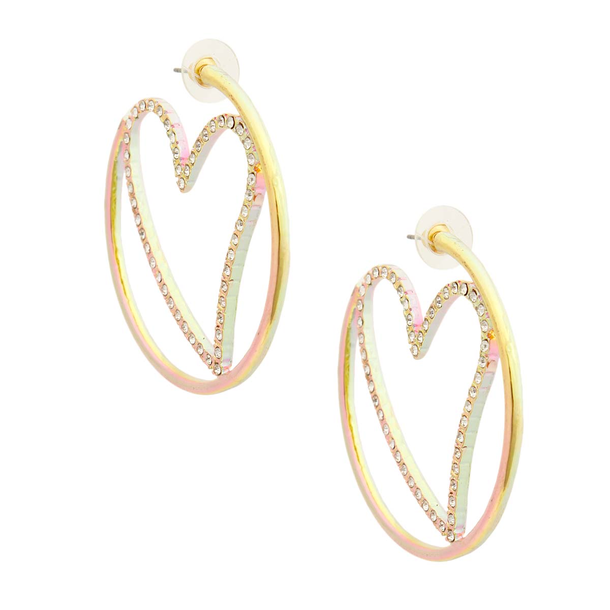 Pink Tint Gold Metal Heart Hoops