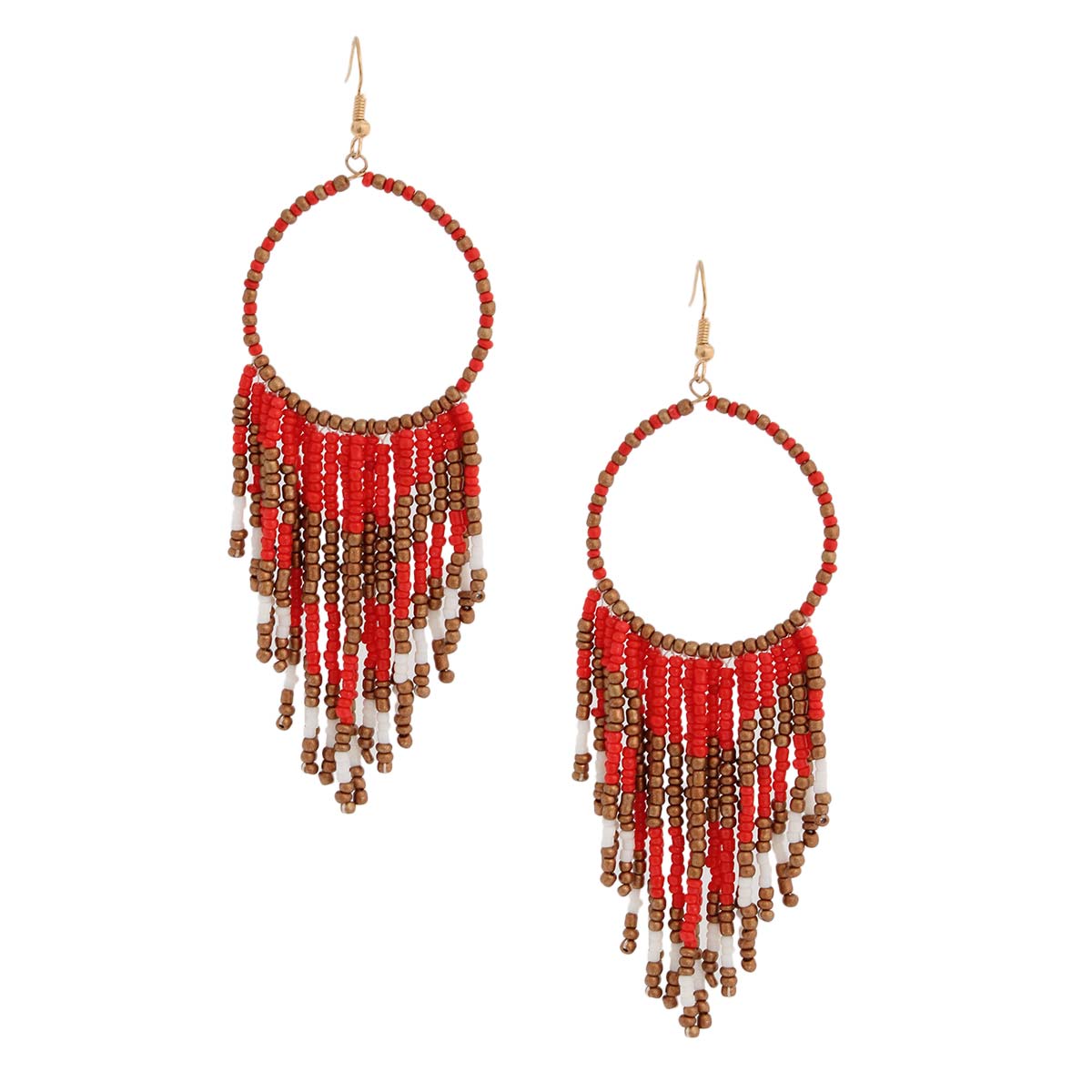 Red and Gold Bead Fringe Circle Earrings