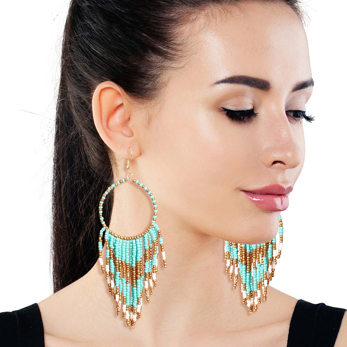 Turquoise and Gold Bead Fringe Circle Earrings