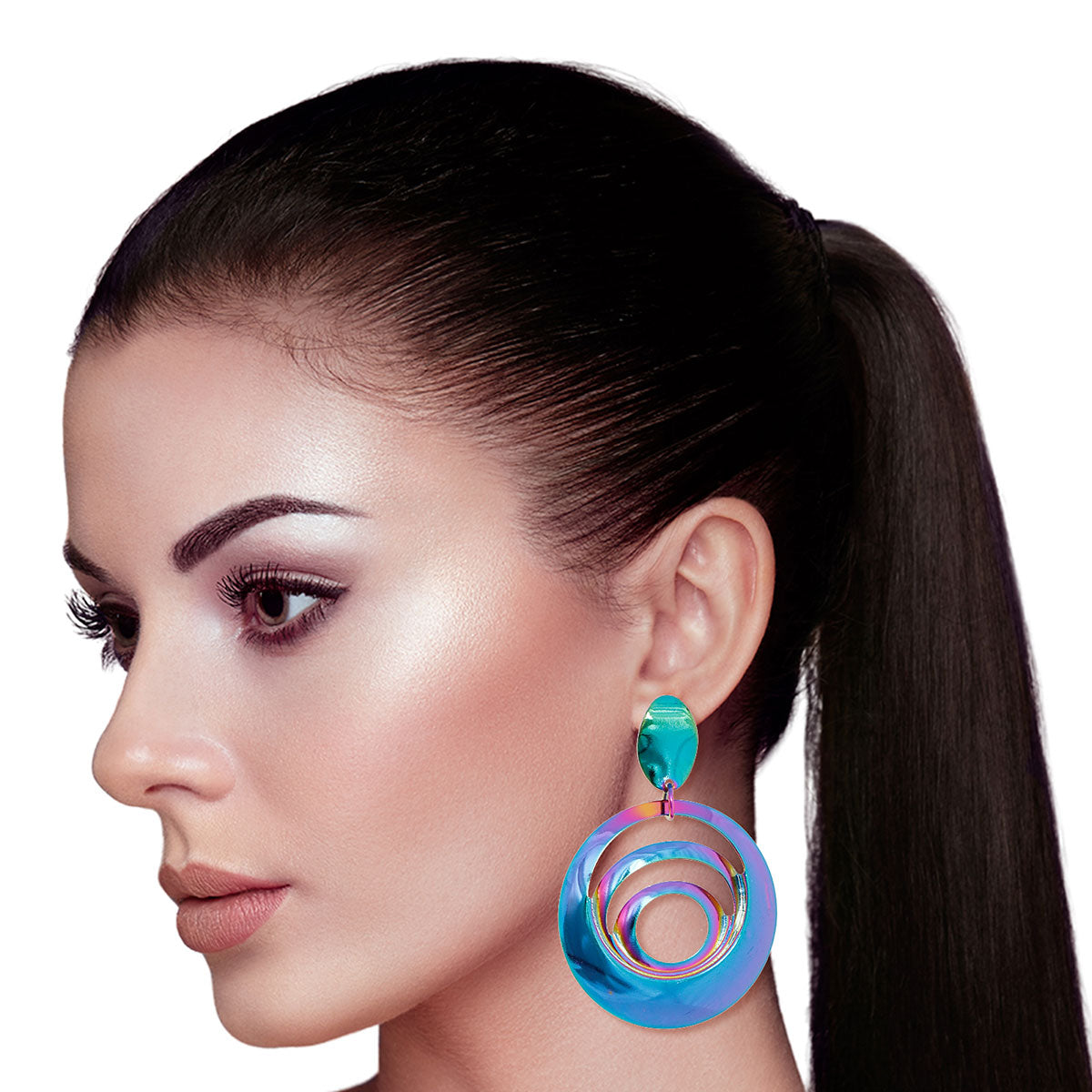 Rainbow Holographic Metal Round Earrings