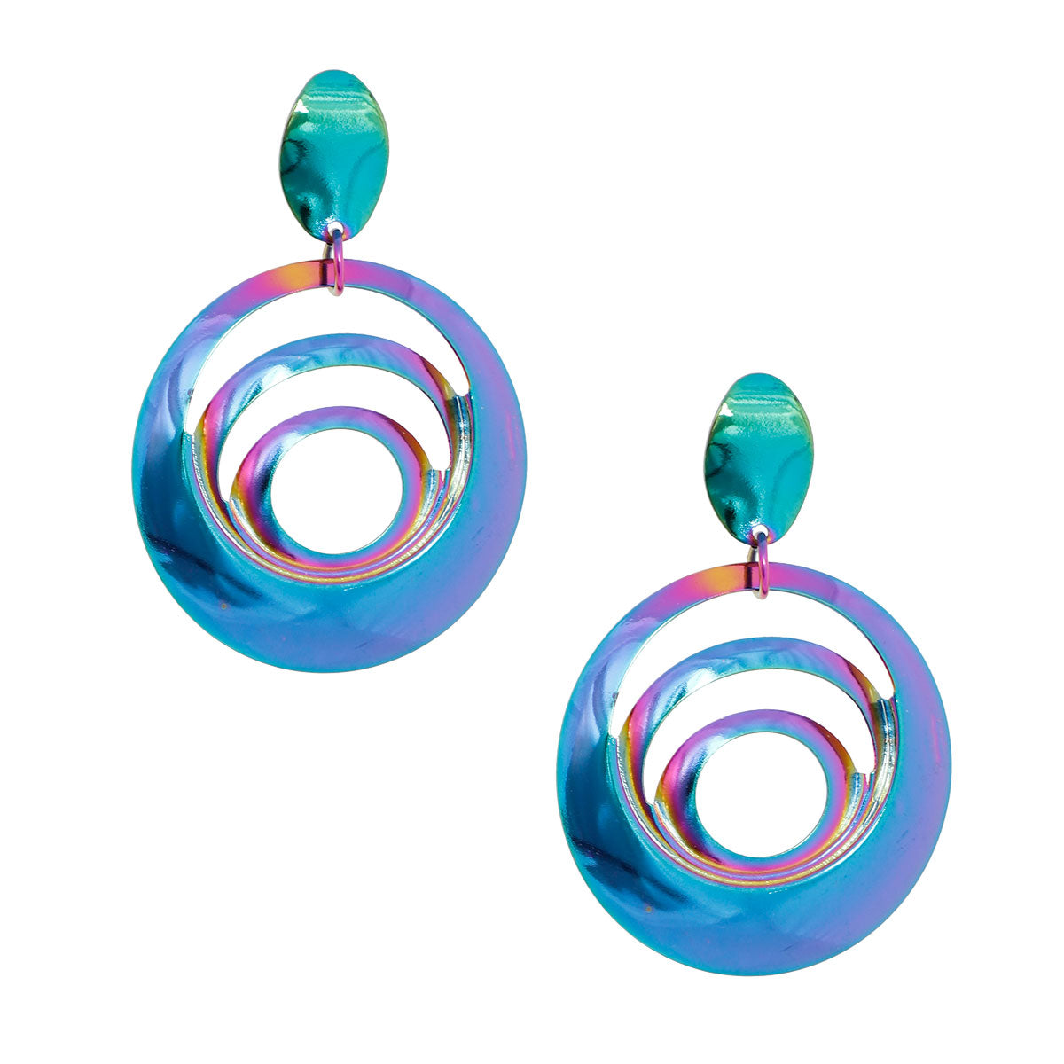Rainbow Holographic Metal Round Earrings