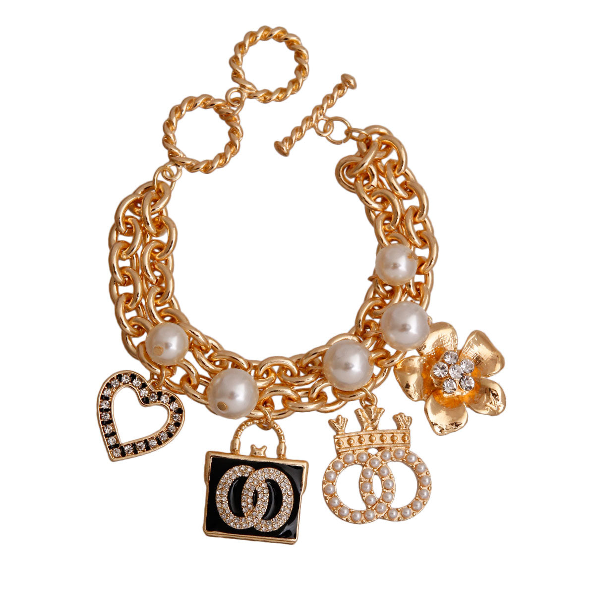 Gold Double Chain Pearl Charm Bracelet