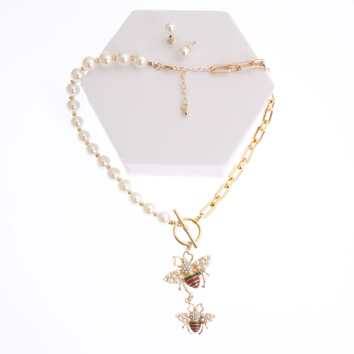 Gold and Pearl Bee Toggle Necklace